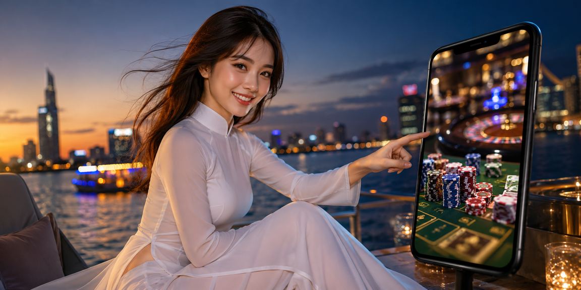 Người phụ nữ mặc áo dài chơi casino trên điện thoại tại Sài Gòn
